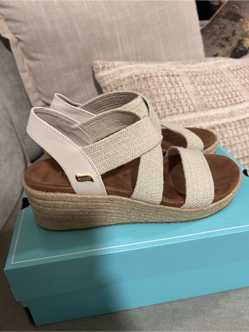 Skechers Martha Stewart Cream Elastic Strap Wedge Sandals